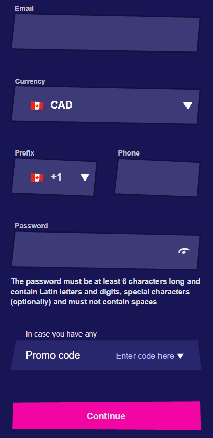 Registration form in Royspins Casino